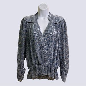 Zadig & Voltaire Silk Velour Gray Tori Wrap Top Blue Stars Boho Paisley SIZE XS
